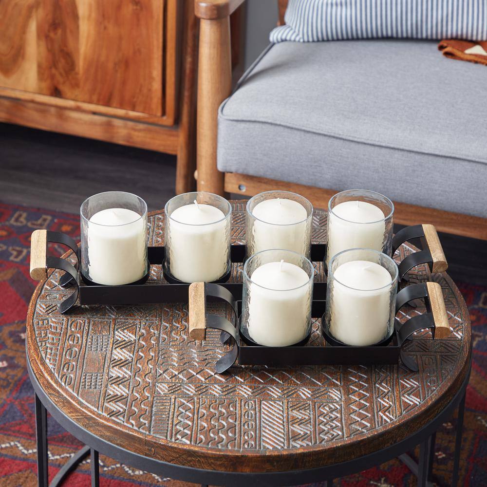 Black Metal and Wood Candle Holder Set with Glass Sleeves