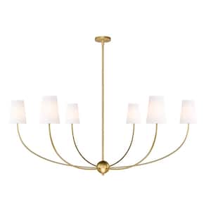 Shannon 62 in. 6-Light Rubbed Brass Shaded Chandelier-Light with White Glass Shade with No Bulbs included