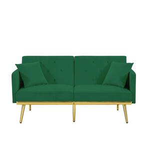 59 in. Green Velvet Upholstered Twin Size Sofa Bed with 2-Pillows Gold Metal Legs 3 Adjustable Positions