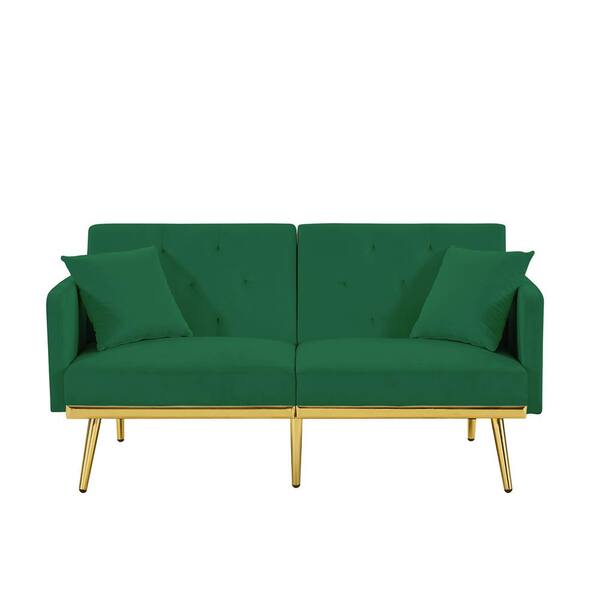 Unbranded 59 in. Green Velvet Upholstered Twin Size Sofa Bed with 2-Pillows Gold Metal Legs 3 Adjustable Positions