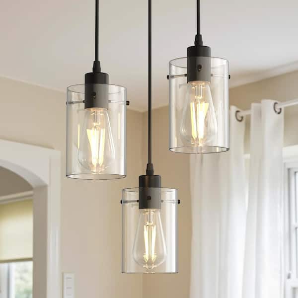 3-Light Black Modern Pendant Light with Clear Glass Shades, E26 Socket Chandelier for Kitchen Island