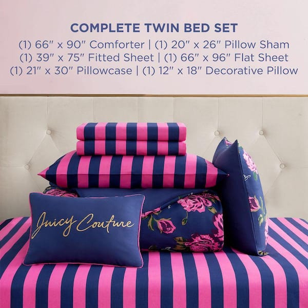JUICY COUTURE Rose Logo 6-Piece Navy/Pink Floral Polyester Twin