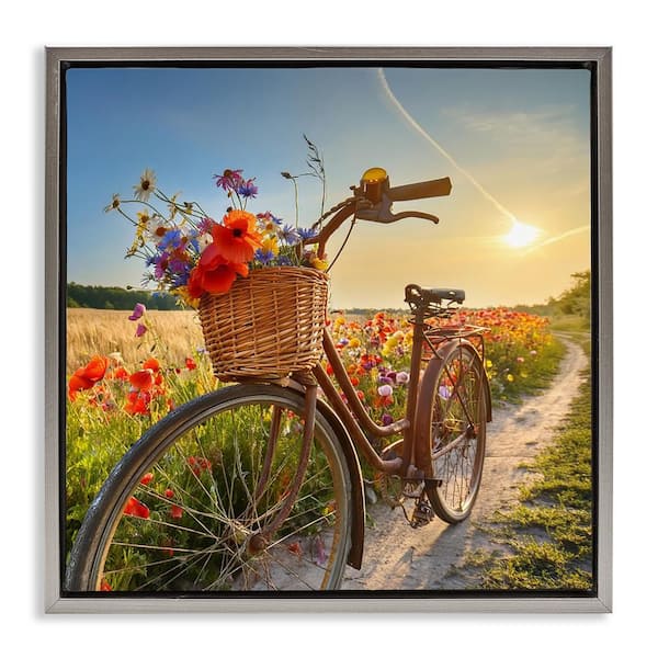 Stupell Industries Flower Stop Bicycle by Alina Georgescu Gray Floater Frame Typography Graphic Art Print 18 in. x 18 in.