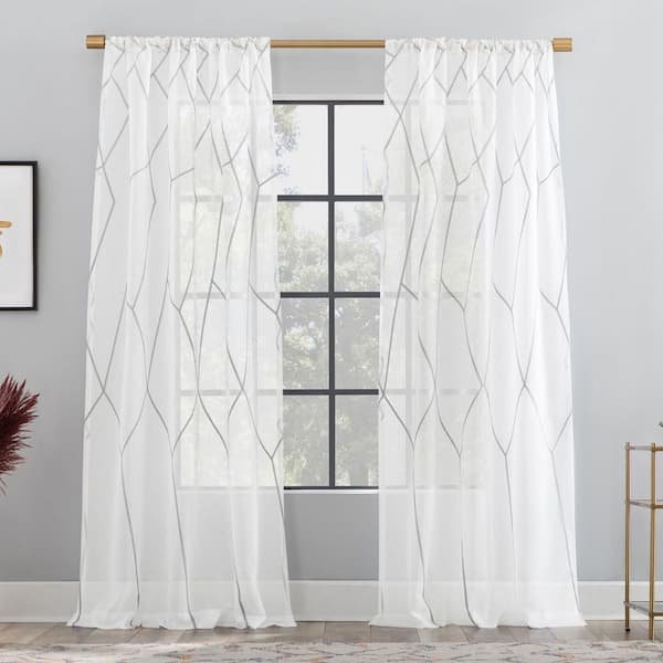 SCOTT LIVING Azlan Geometric Embroidery 50 in. W x 96 in. L Sheer Rod Pocket Curtain Panel in Gray -