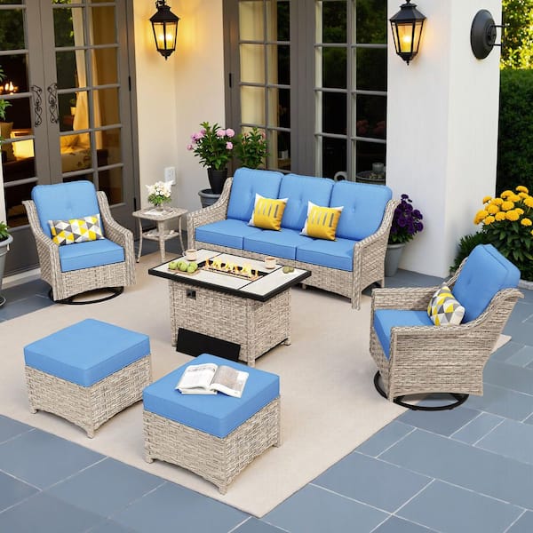 Palffy Gray 7-Piece Wicker Patio Rectangle Fire Pit Conversation Set with Diamond Blue Cushions and Swivel Chairs