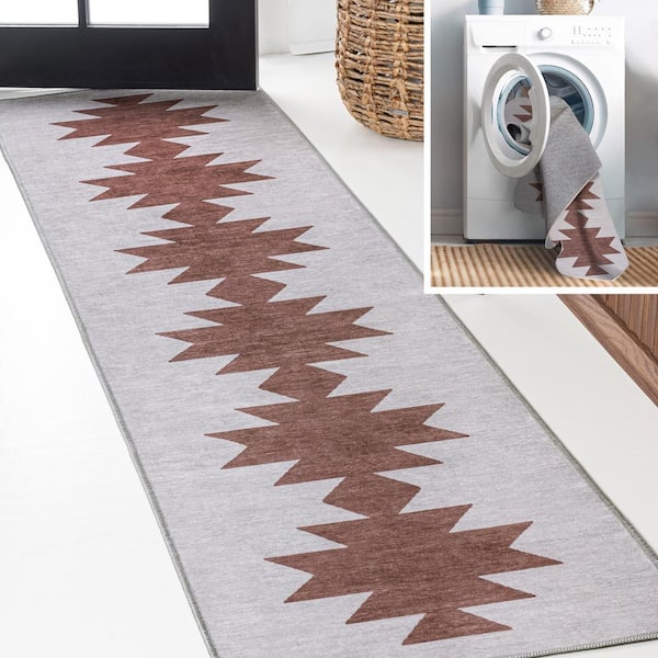 Chayton Minimalist Geometric Machine-Washable Gray/Brown 2 ft. x 8 ft. Runner Rug