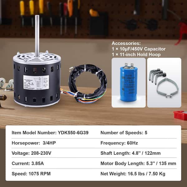 3/4HP Furnace Blower Motor, 208/230V 3.85 Amps, 1075 RPM 5-Speeds, CW/CCW Rotation, 48-Frame 4.8 in. Shaft Length