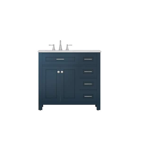 Alya Bath Norwalk 36 in. W x 34.2 in. H x 22 in. D Bath Vanity in Blue with Marble Vanity Top with White Basin