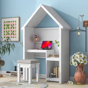 2-Piece House-Shaped Wood Top White Desk with Cushion Stool