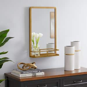 Medium Modern Rectangular Gold Framed Mirror with Shelf (15 in. W x 24 in. H)