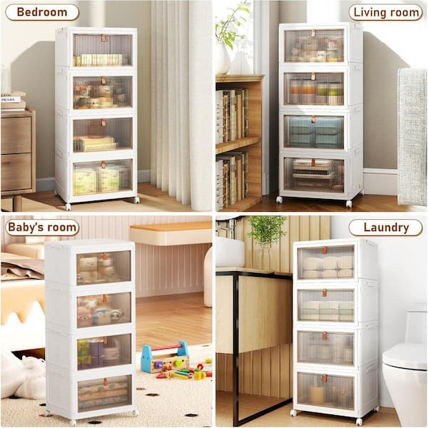 Angel Sar 4-Tier White 32.68 in. Storage Bins, Stackable Closet