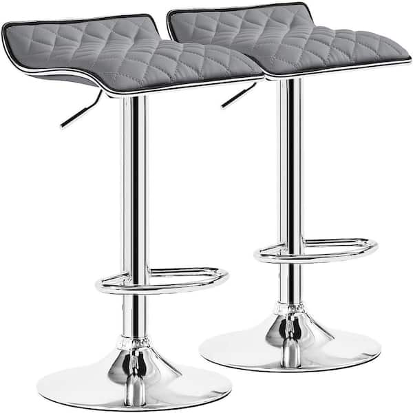 VECELO Adjustable & Rotatable Gray Metal 24.8 in. H Bar Stool with Modern Faux Leather and Metal Bar Stool Set of 2