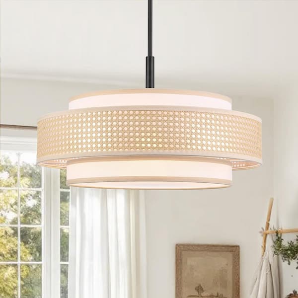 24 in. 5-Light Drum Chandelier with 2-Tier Woven Rattan and Fabric Shades