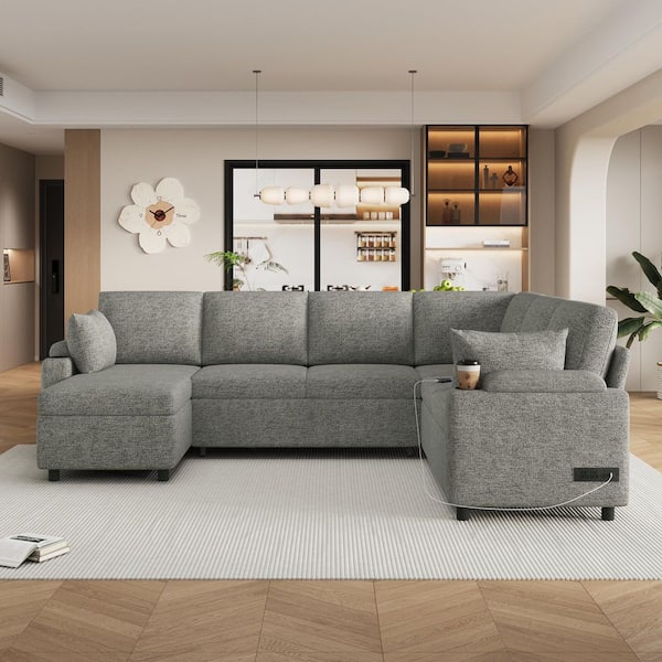 110 in. U-Shaped Chenille 5-Seat Sectional Sofa in Light Grey with Storage Chaise, Cup Holders and Charging Ports