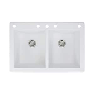 Radius Drop-In Granite 33 in. 5-Hole Equal Double Bowl Kitchen Sink in White