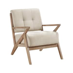 Beige and Brown Polyester Armchair with Wooden Frame and Cushioned Seat