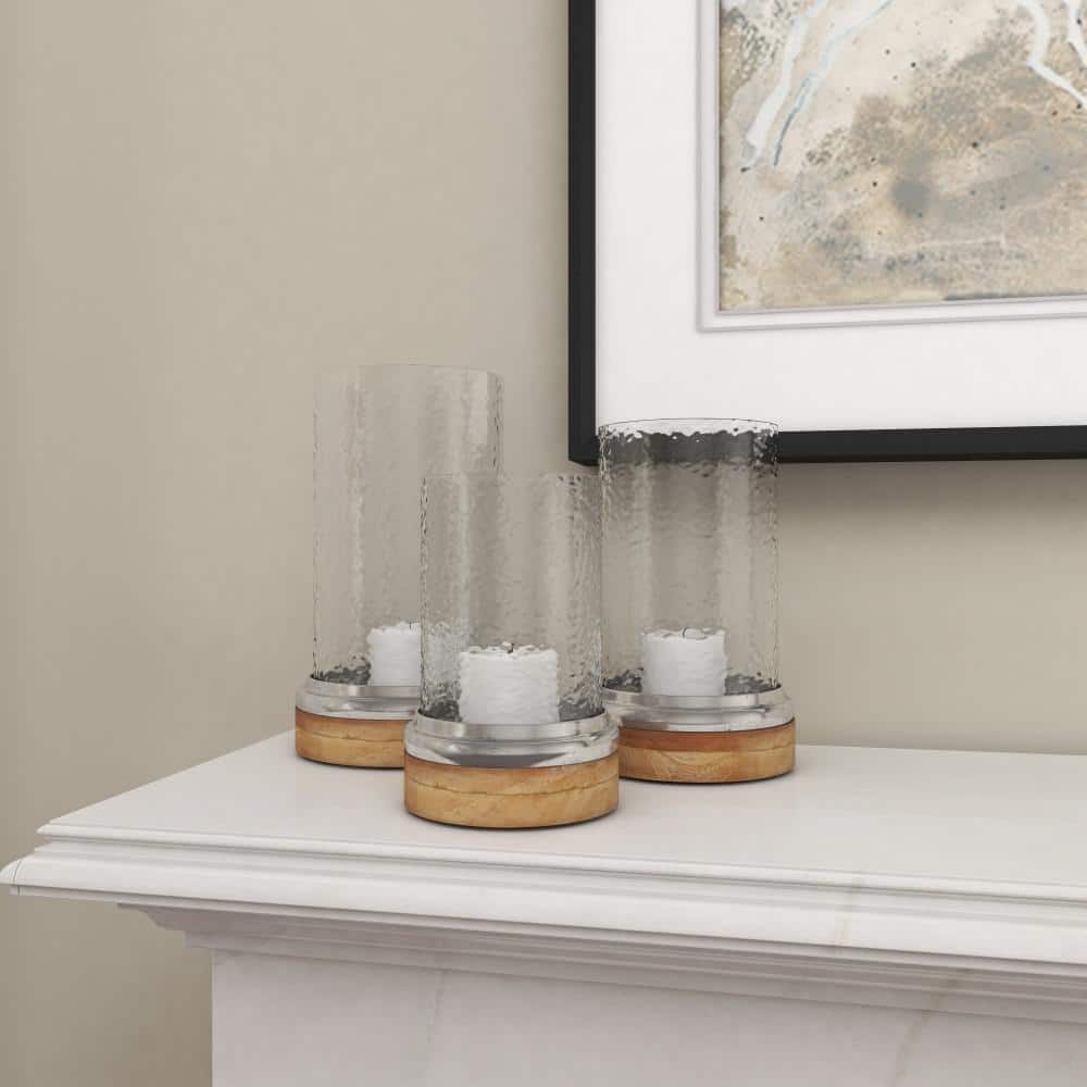 Elegant Traditional Wood & Glass Hurricane Candle Lantern Trio