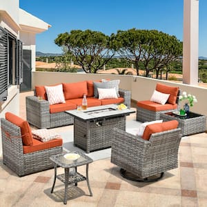 Crater Grey 9-Piece Wicker Wide Arm Patio Conversation Sofa Set with a Rectangle Fire Pit and Orange Red Cushions