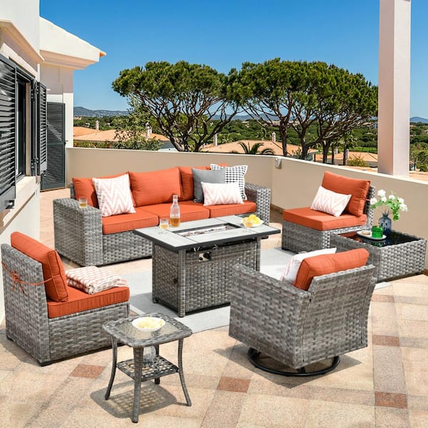 HOOOWOOO Crater Grey 9-Piece Wicker Wide Arm Patio Conversation Sofa Set with a Rectangle Fire Pit and Orange Red Cushions