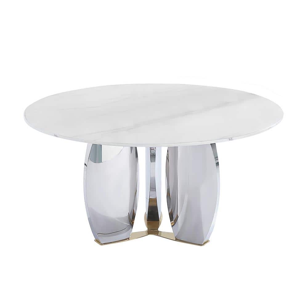 Modern Style Round White Snow Mountain Stone Tabletop 53.15 in. Stainless S