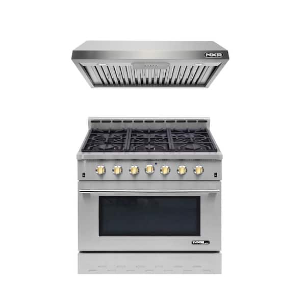 NXR Entree Bundle 36 in. 5.5 cu.ft. Pro-Style Gas Range with Convection Oven and Range Hood in Stainless Steel and Gold