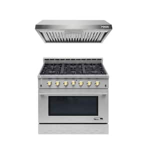 Entree Bundle 36 in. 5.5 cu. ft. Pro-Style Liquid Propane Gas Range Convection Oven and Hood in Stainless Steel and Gold