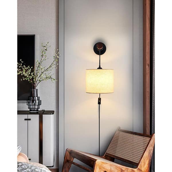 Modern 9.44 in. 1-Light Black Farmhouse Plug-In Wall Sconce with a Beige Fabric Shade