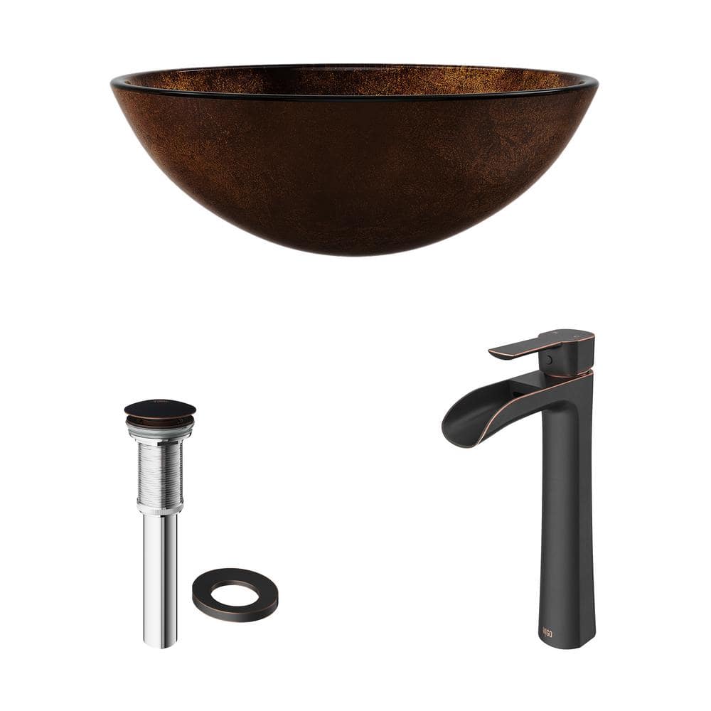 Russet Brown Round Glass Vessel Sink with Antique Bronze Faucet