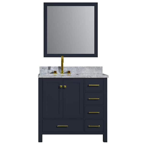 ARIEL Cambridge 37 in. W x 22 in. D Vanity in Midnight Blue with Marble Vanity Top in White with White Basin and Mirror