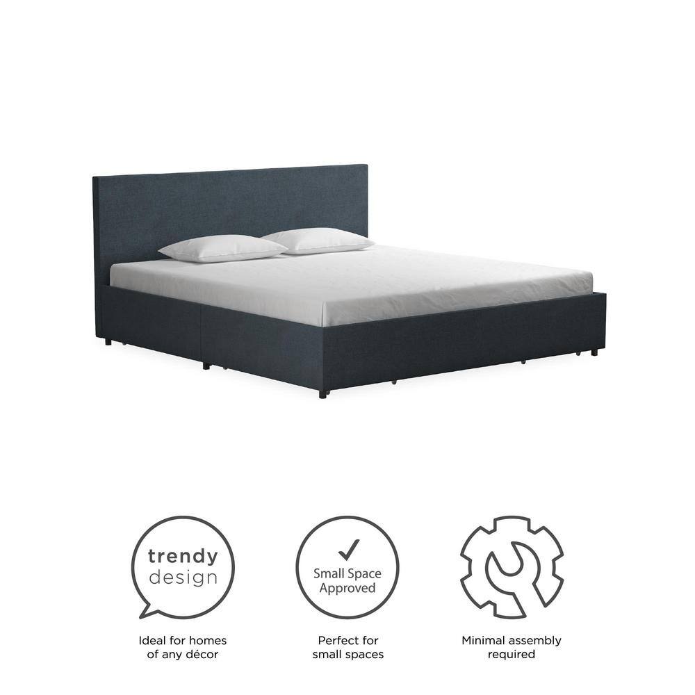 Navy Blue King Linen Upholstered Storage Bed with Tufted Headboard