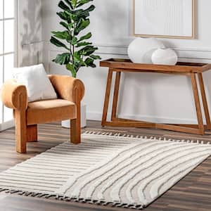 Ianthe Abstract Stripes High-Low Tasseled Beige 5 ft. x 7 ft. 6 in. Moroccan Area Rug