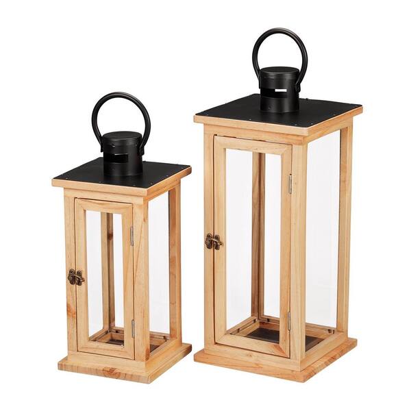 Home Decorators Collection Natural Wood Candle Hanging or Tabletop Lantern with Metal Top (Set of 2)
