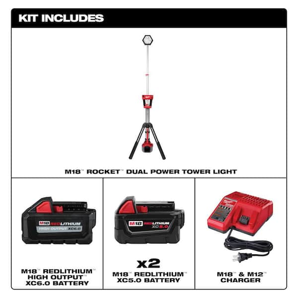 M18 18-Volt Lith-Ion Cordless Rocket Dual Power Tower Light w/ (3) Battery & Charger