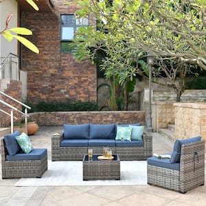 Crater Gray 6-Piece Wicker Wide-Plus Arm Outdoor Patio Conversation Sofa Set with Denim Blue Cushions