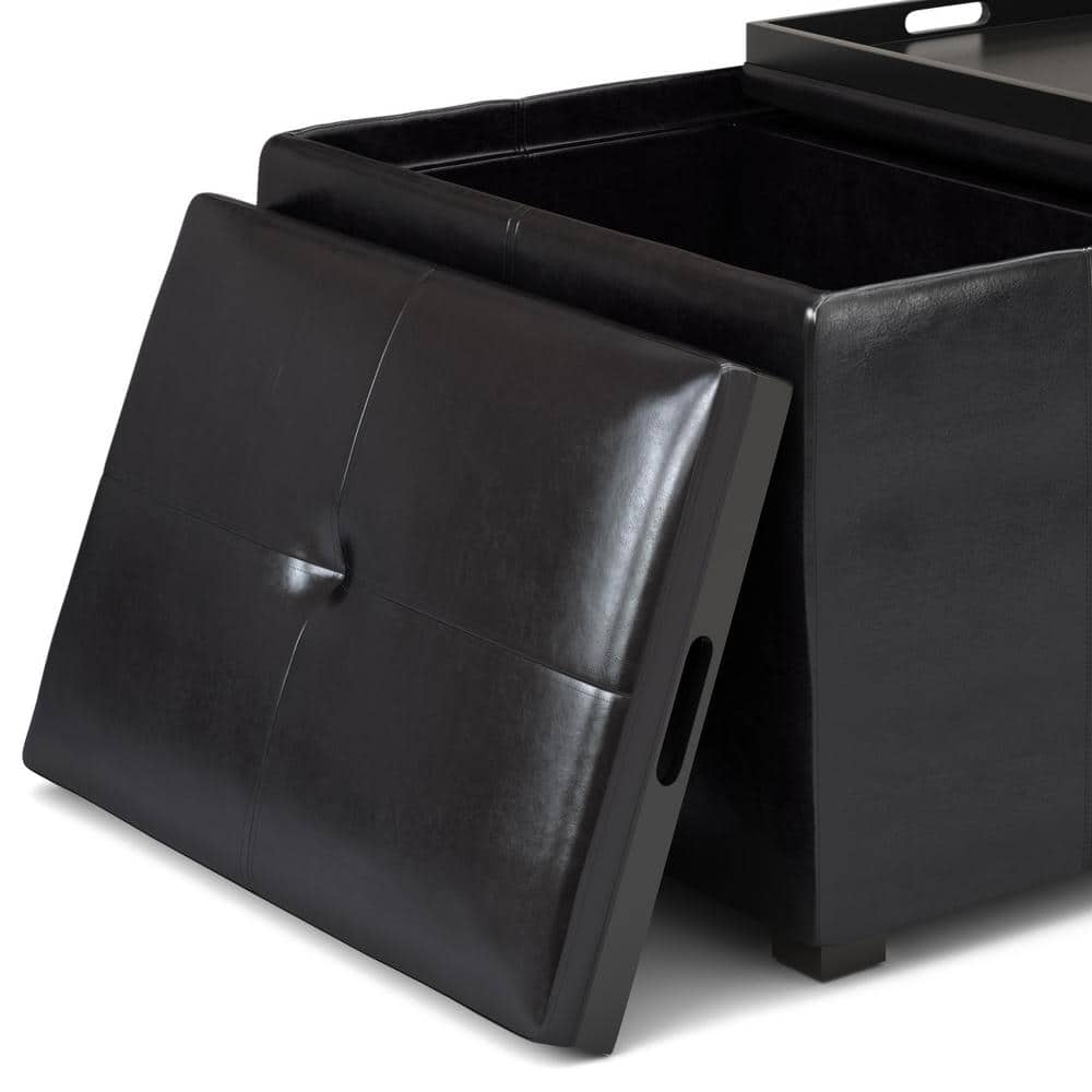 Midnight Black Tufted Faux Air Leather Cocktail Ottoman with Tray