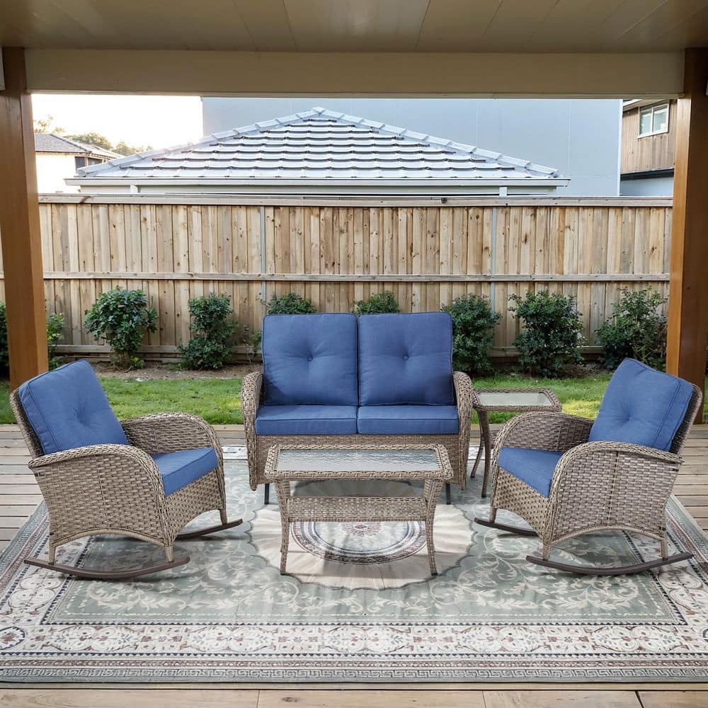 PlainCurve 5-Piece Gray Wicker Patio Conversation Set with Glider Loveseat and Olefin Navy Blue Cushions price history on PriceWatchPro