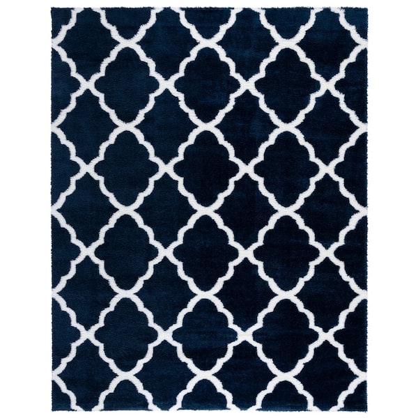 Tahoe Shag 9 ft. x 12 ft. Navy/White Trellis Diamond Area Rug