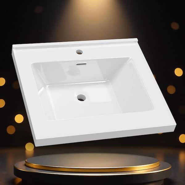 24 in. W x22 in. D Solid Surface Rectangular Single Sink Vanity Top with Backsplash and Basin 1-Hole Countertop in White