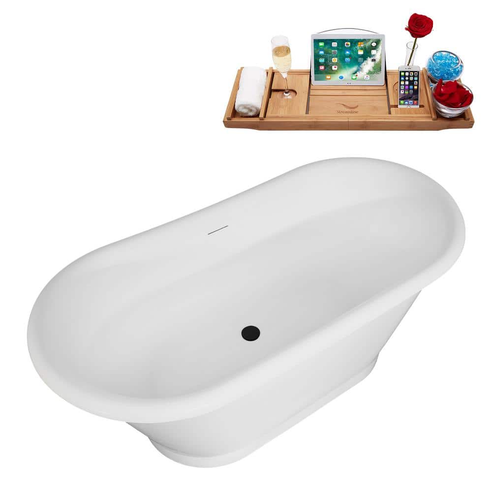 59" Glossy White Acrylic Freestanding Slipper Tub with Matte Black Trim
