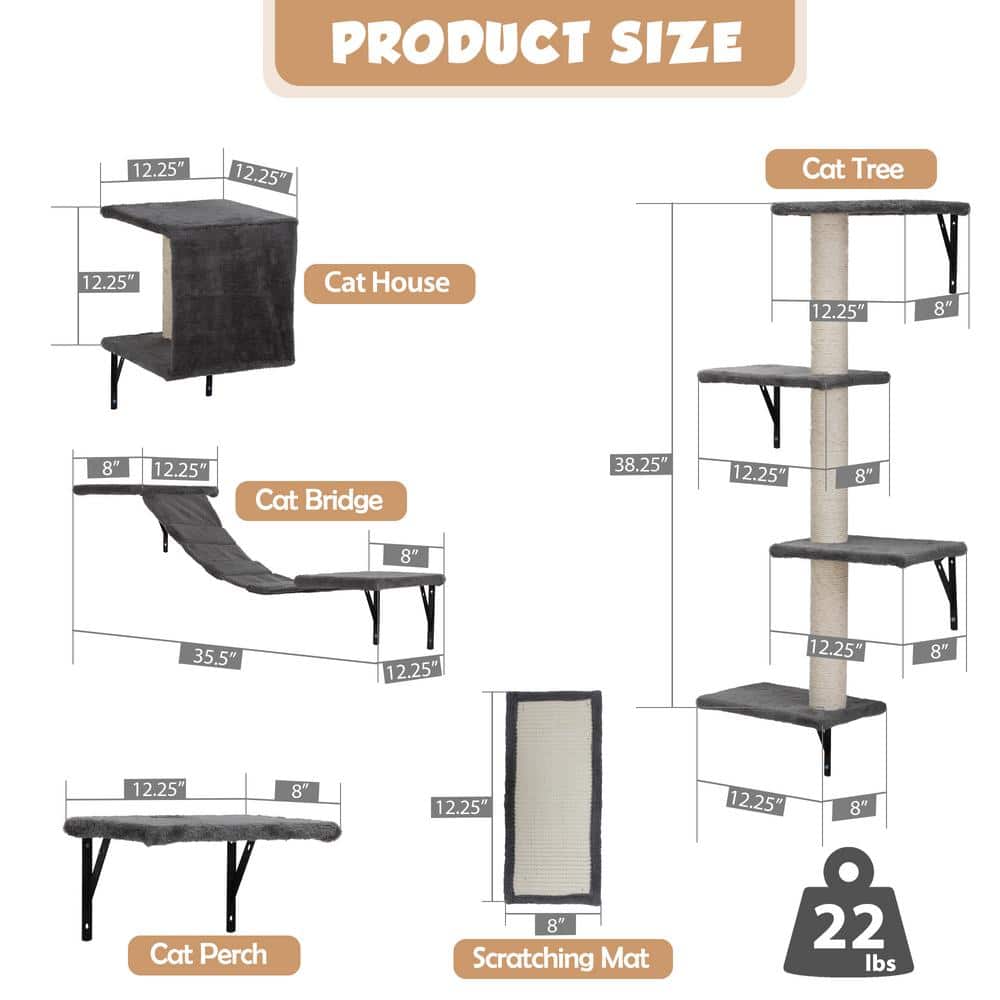 Gray 5-Piece Wall Mounted Cat Climber Set