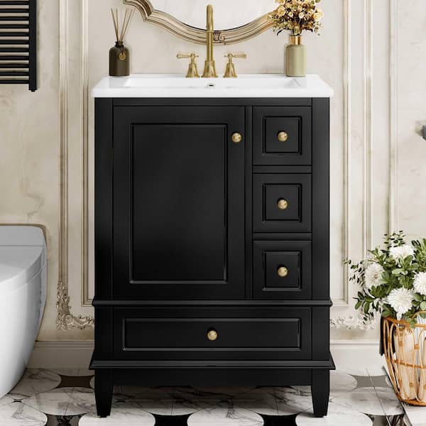 24 in. Freestanding Black Bath Vanity with White Ceramic Top, Storage Shelves and Solid Wood Base