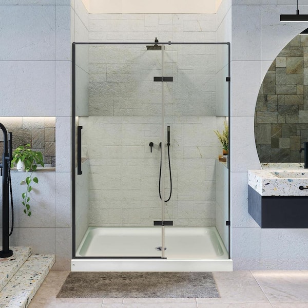 60 in. W x 74 in. H Hinged Frameless Shower Door with Shower Base in Black Finish with Clear Glass
