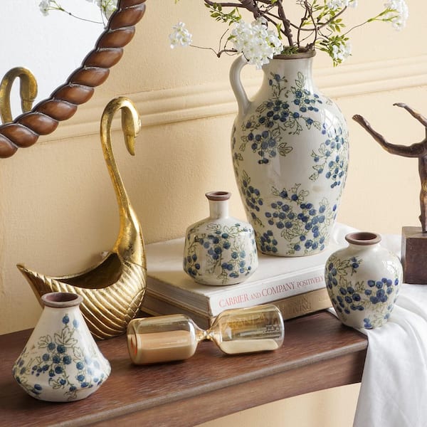 Set of 2 7.09 in. H White Ceramic Mini Vases with Blueberry Motif-Vintage Style Small Tabletop Decor for Flowers