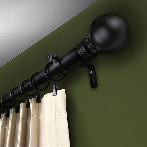 66 in. - 120 in. Single Curtain Rod in Black with Globe Finial