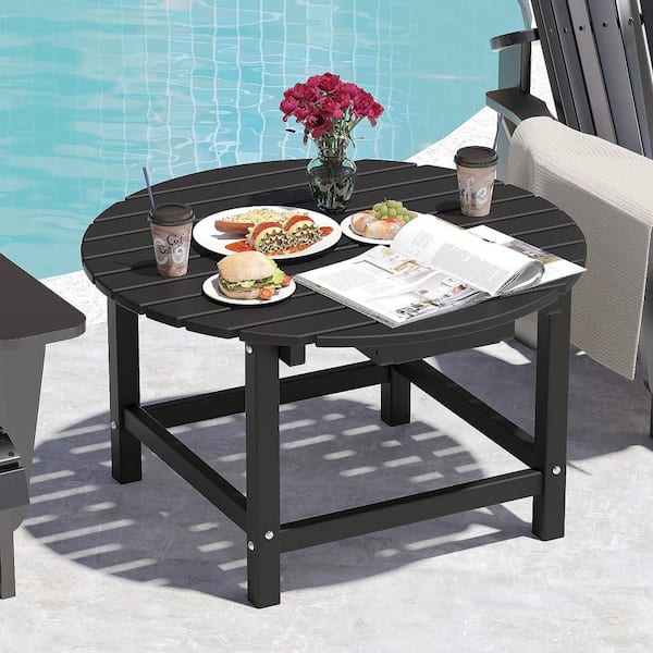 WIAWG 32 in. Black Outdoor Coffee Table, Round HDPE Table with