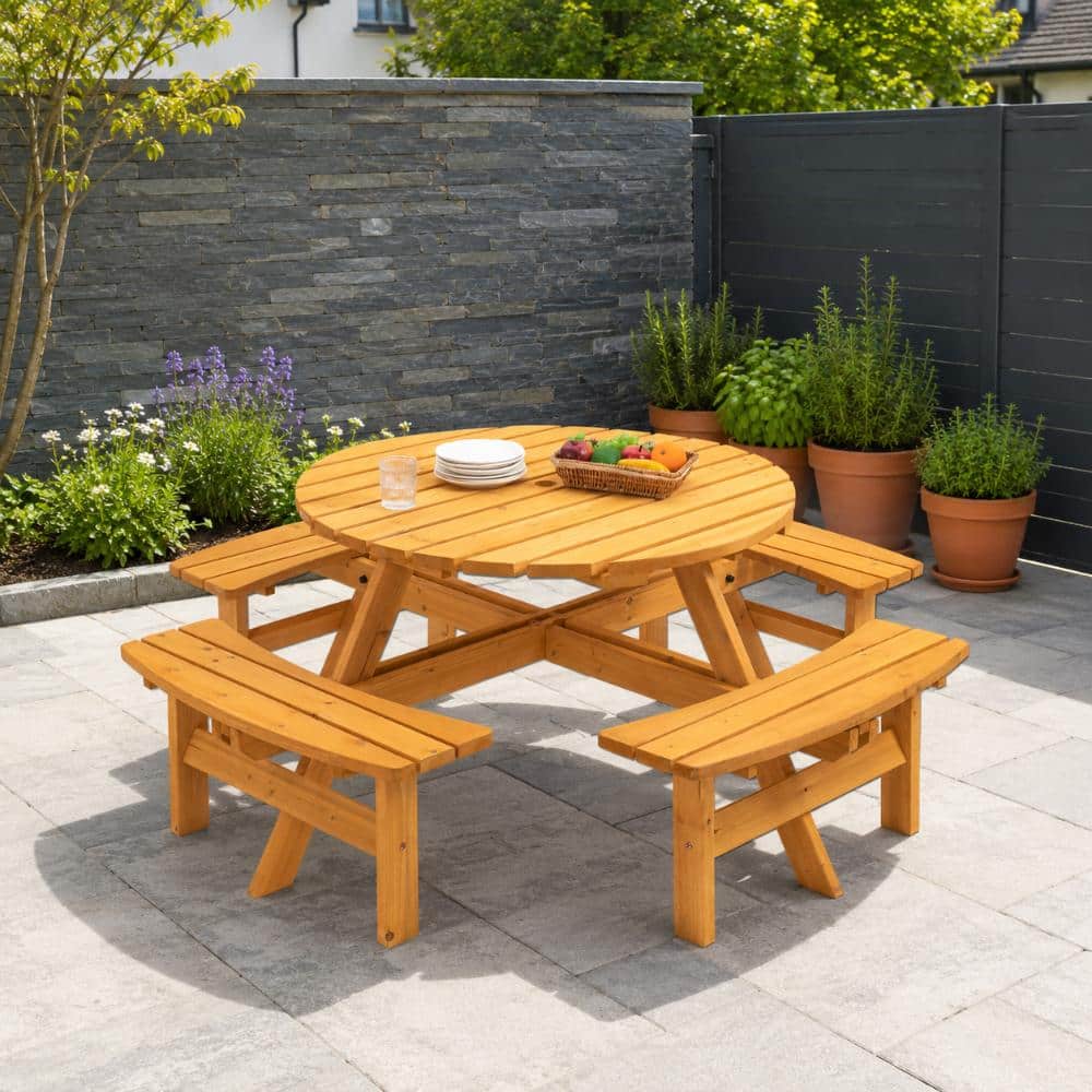 8 Person Fir Wood Picnic Table with 4 Built-In Benches and Umbrella Hole for Backyard Camping,Garden price history on PriceWatchPro