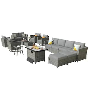 Bexley Gray 16-Piece Wicker Rectangle Fire Pit Patio Conversation Set with Dark Gray Cushions and Swivel Chairs