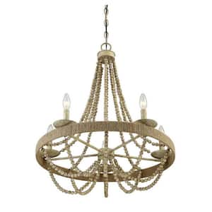 26 in. W x 28 in. H 5-Light Natural Wood Chandelier with Rope and Textured Bead Detailing
