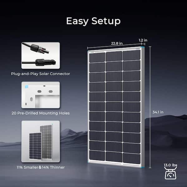 Renogy 100-Watt 12-Volt Solar Panel w/ Mounting Z Brackets High