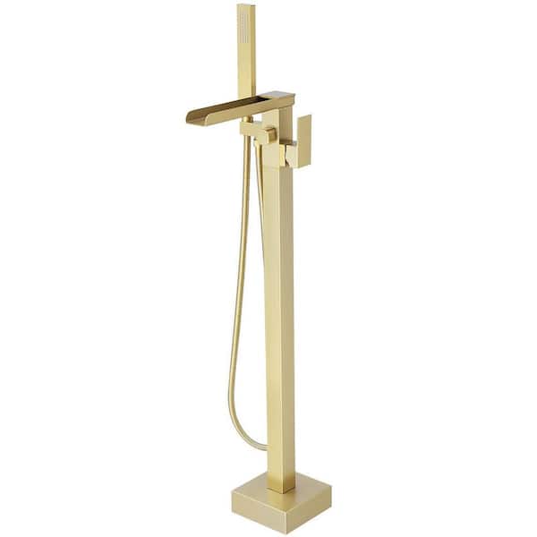 BWE Single-Handle Floor Mount Freestanding Bathtub Faucet Waterfall Tub Filler with Handheld Shower in Brushed Gold